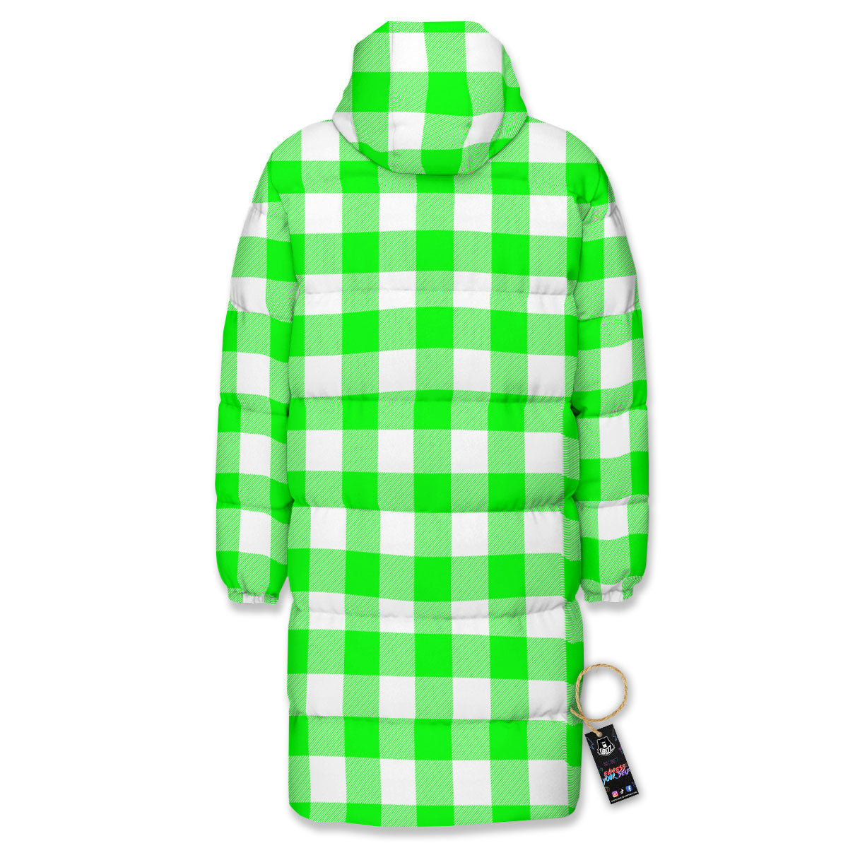 White Buffalo Check And UFO Green Print Pattern Long Down Jacket