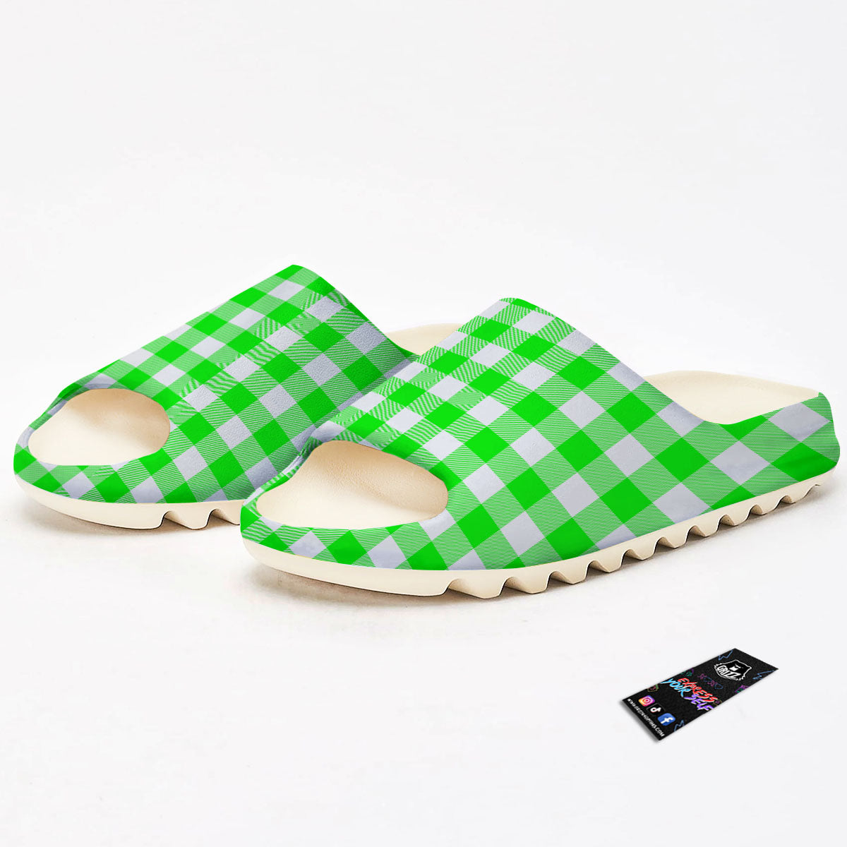 White Buffalo Check And UFO Green Print Pattern Sandals-grizzshop