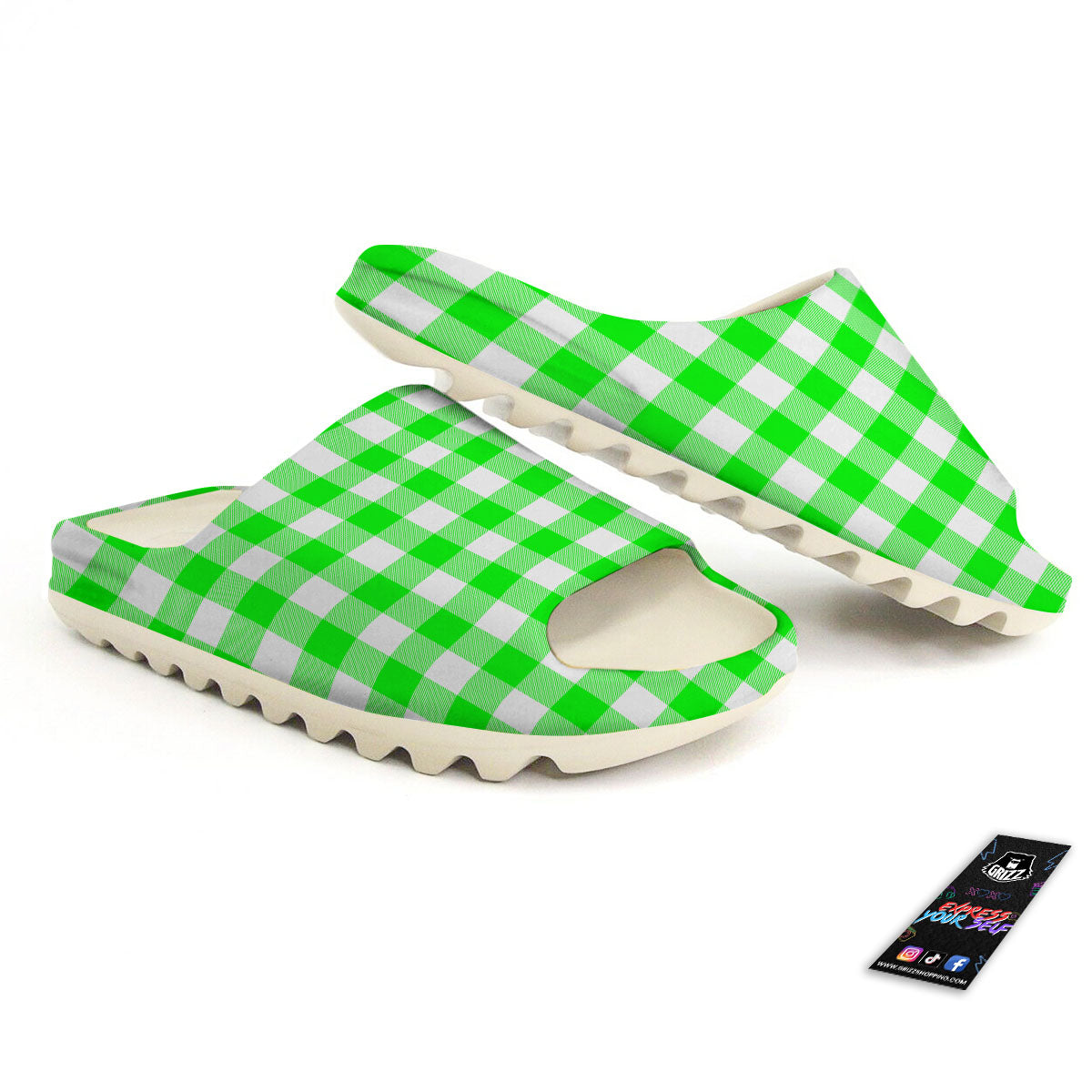 White Buffalo Check And UFO Green Print Pattern Sandals-grizzshop