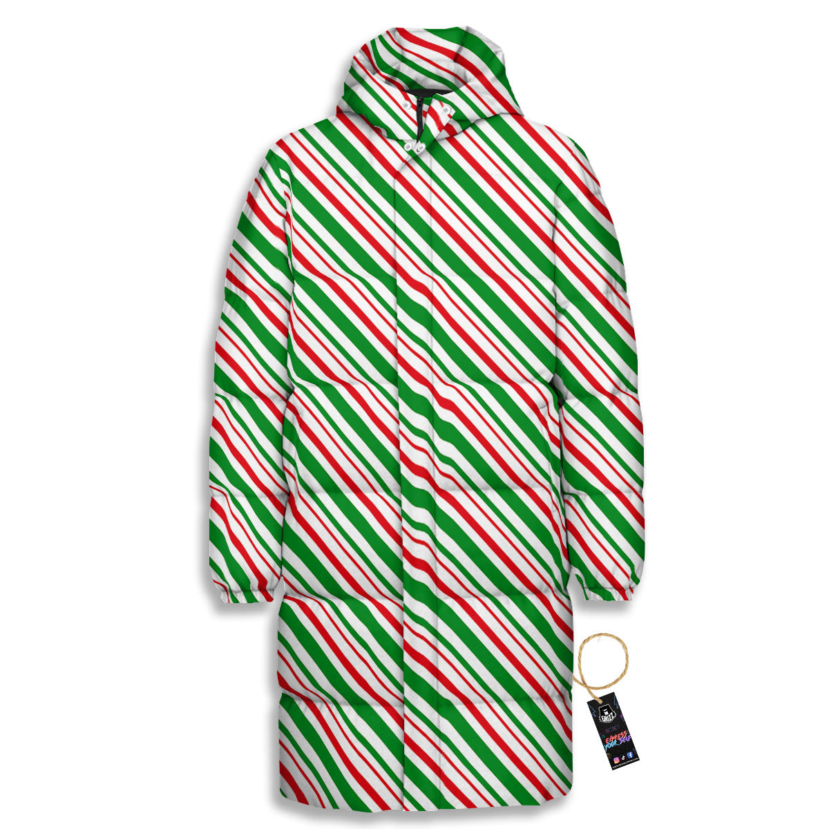 White Candy Cane And Red Green Print Long Down Jacket