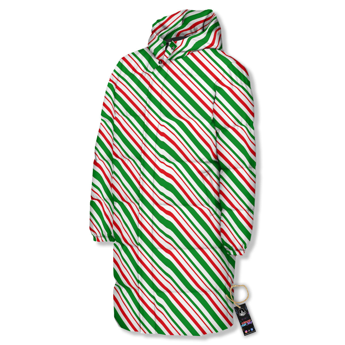 White Candy Cane And Red Green Print Long Down Jacket