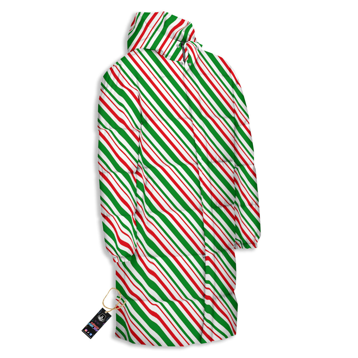 White Candy Cane And Red Green Print Long Down Jacket