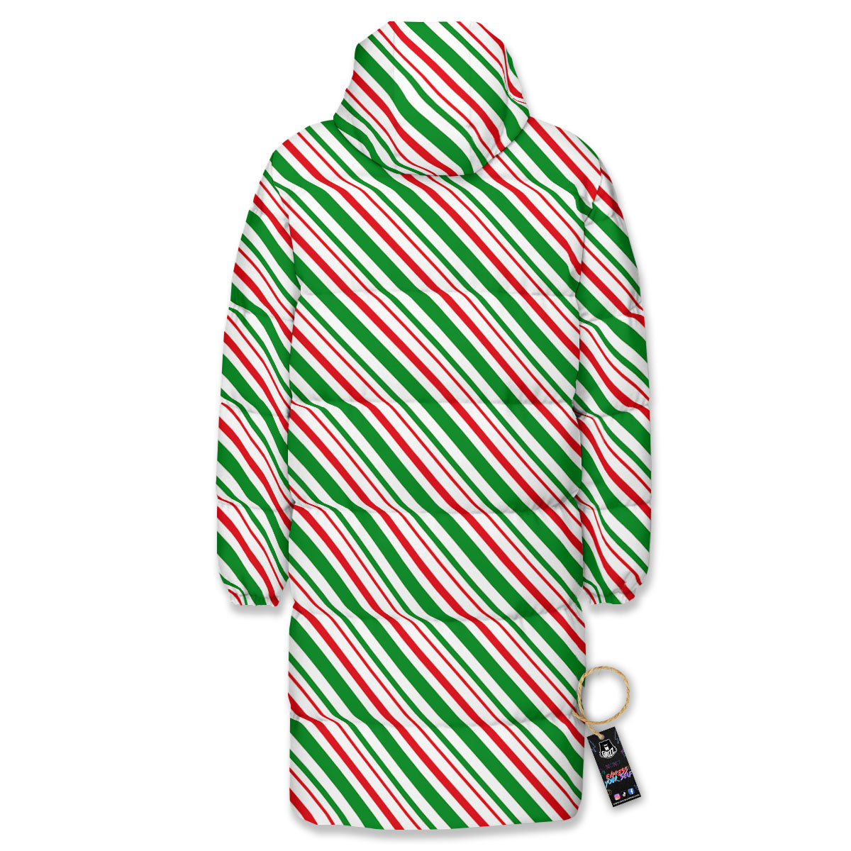 White Candy Cane And Red Green Print Long Down Jacket