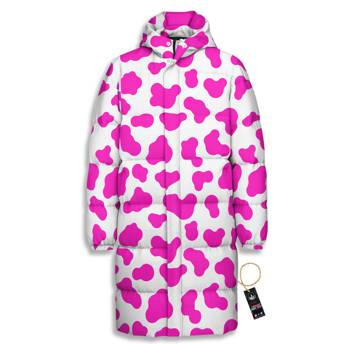 White Cow And Hot Pink Print Long Down Jacket