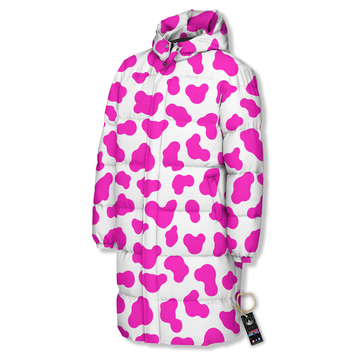 White Cow And Hot Pink Print Long Down Jacket