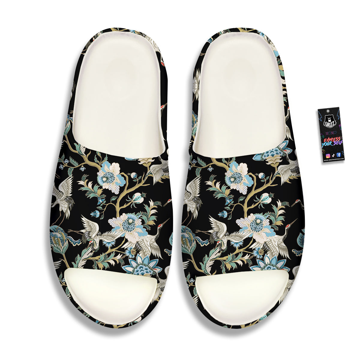 White Cranes Japanese Black Print Pattern Sandals-grizzshop