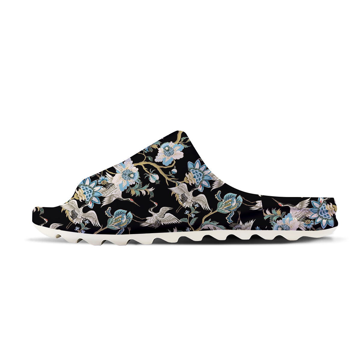 White Cranes Japanese Black Print Pattern Sandals-grizzshop