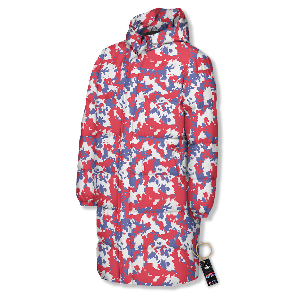 White Digital Camo And Blue Red Print Long Down Jacket