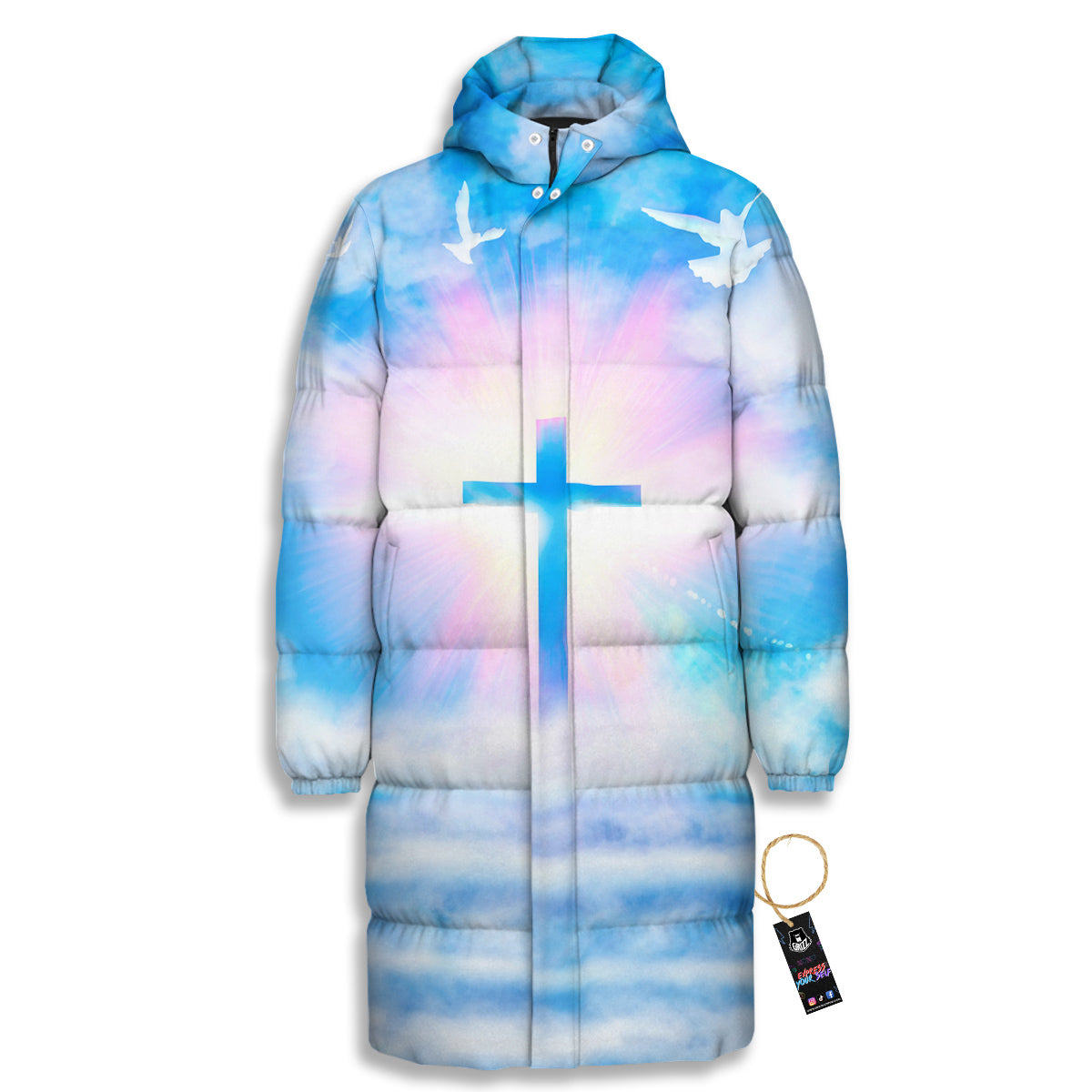White Doves And Christian Cross Print Long Down Jacket