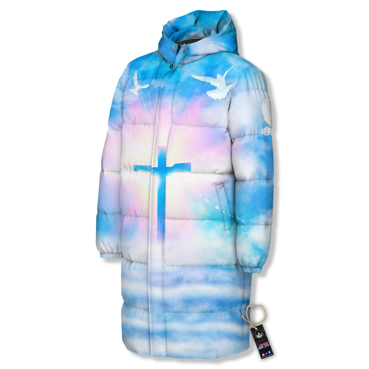 White Doves And Christian Cross Print Long Down Jacket