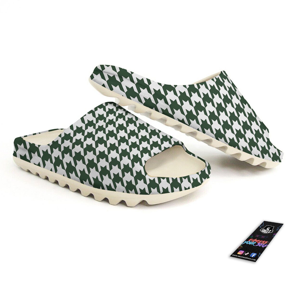 White Green Jungle Houndstooth Print Sandals-grizzshop