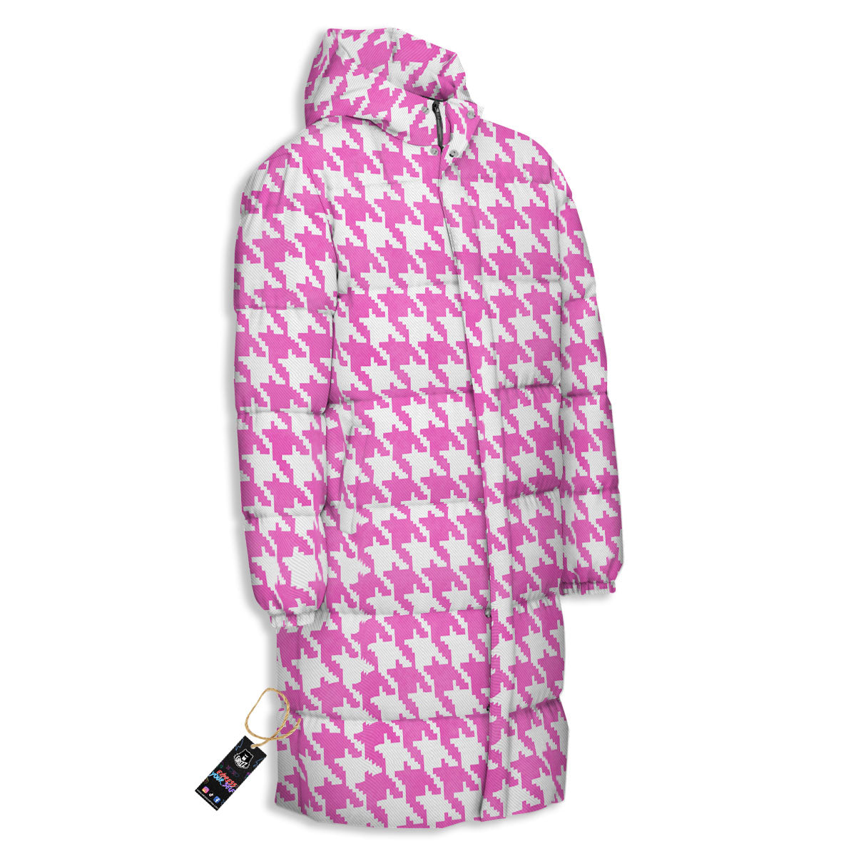 White Houndstooth And Pink Print Long Down Jacket
