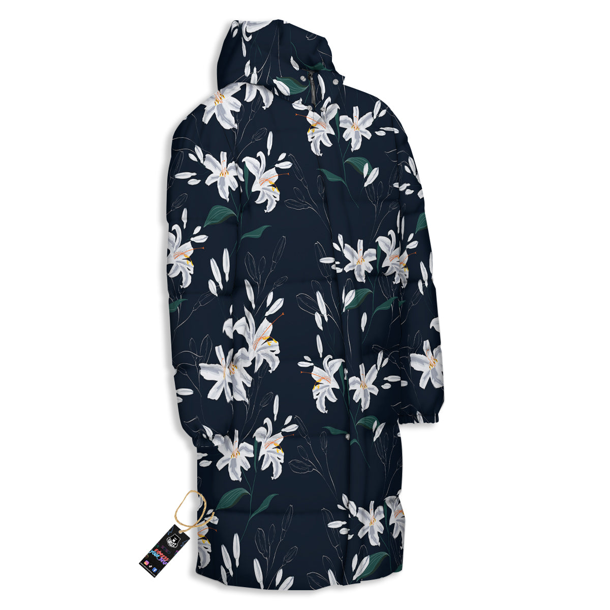 White Lily Black Print Pattern Long Down Jacket
