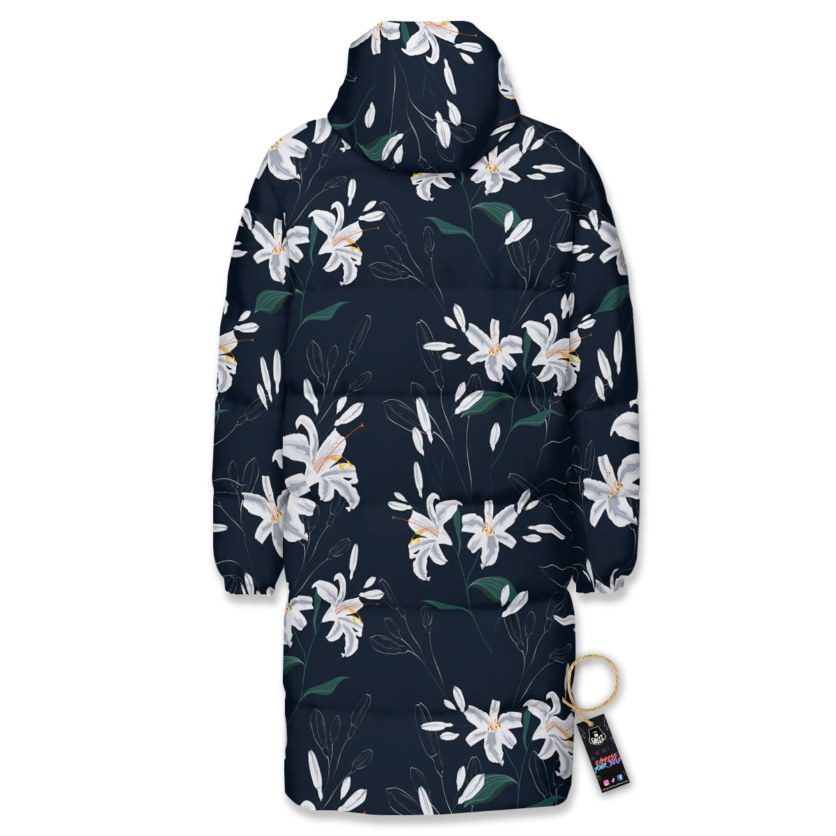 White Lily Black Print Pattern Long Down Jacket