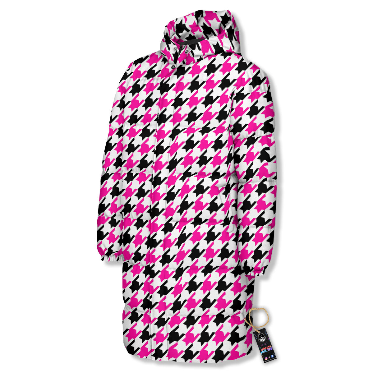 White Pink And Black Houndstooth Print Long Down Jacket