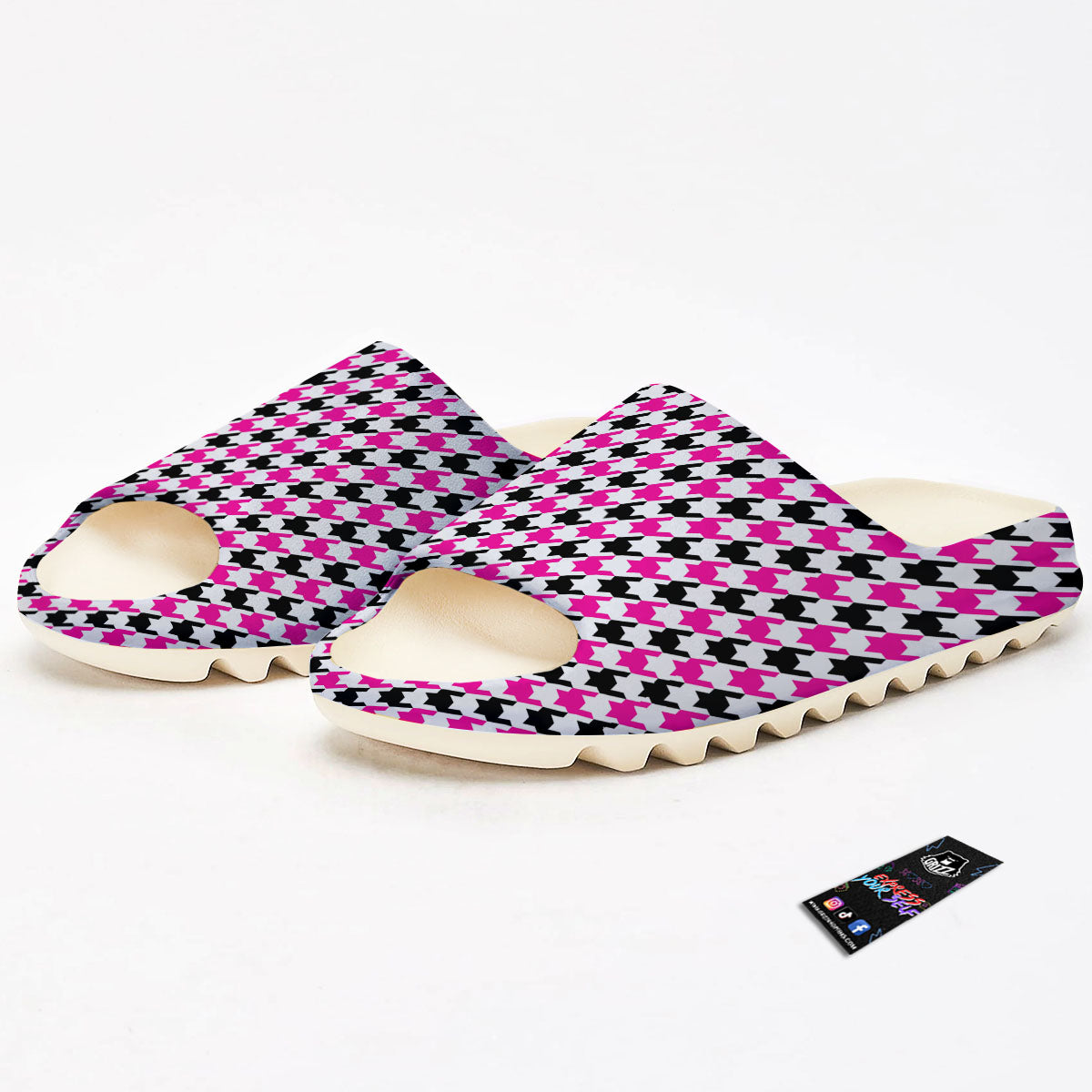 White Pink And Black Houndstooth Print Sandals-grizzshop