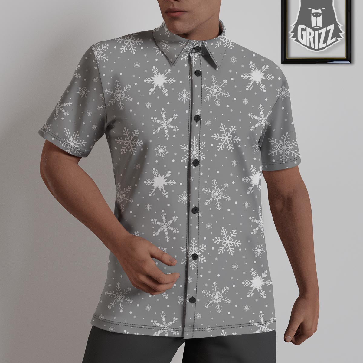 White Snowflake And Silver Print Pattern Untucked Shirts-grizzshop