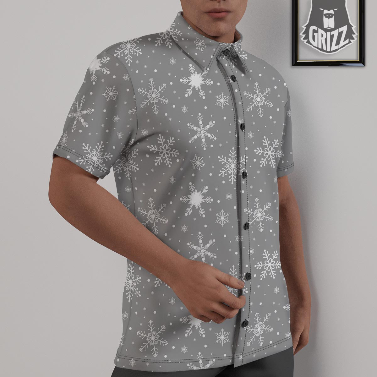 White Snowflake And Silver Print Pattern Untucked Shirts-grizzshop