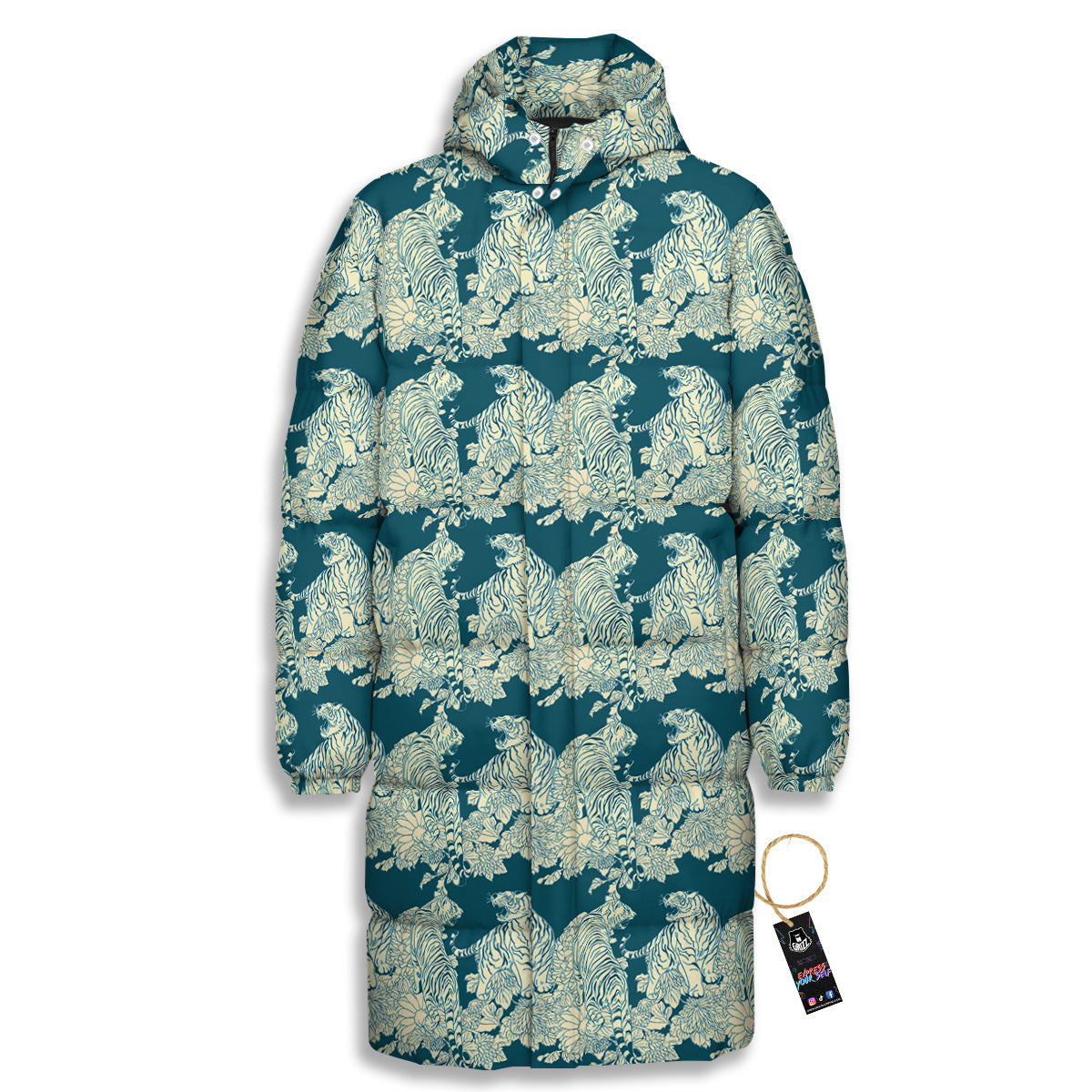 White Tiger Japanese Print Pattern Long Down Jacket