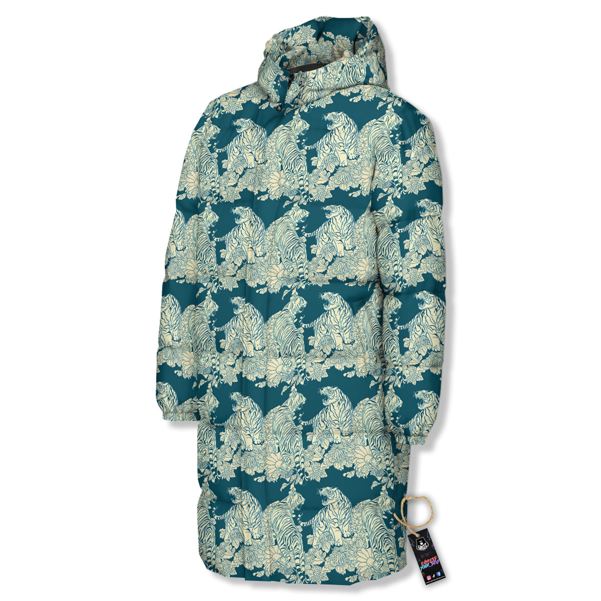 White Tiger Japanese Print Pattern Long Down Jacket