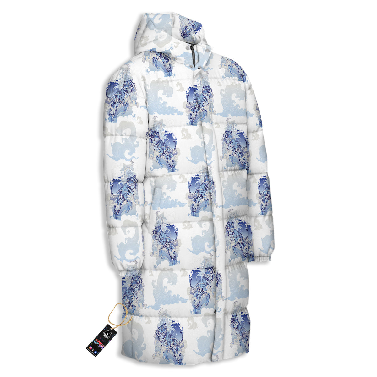 White Tiger Tattoo Japanese Print Pattern Long Down Jacket