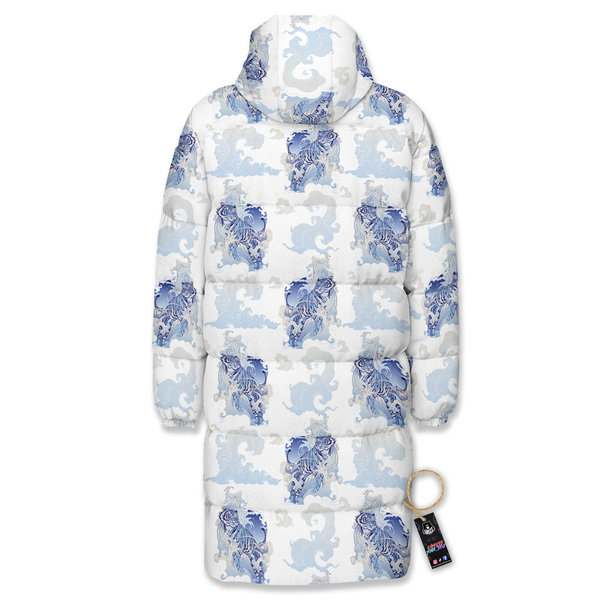 White Tiger Tattoo Japanese Print Pattern Long Down Jacket