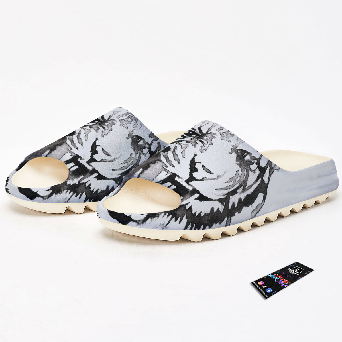 White Tiger Watercolor Monochrome Print Sandals-grizzshop