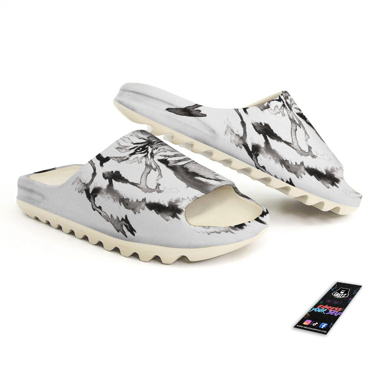 White Tiger Watercolor Monochrome Print Sandals-grizzshop