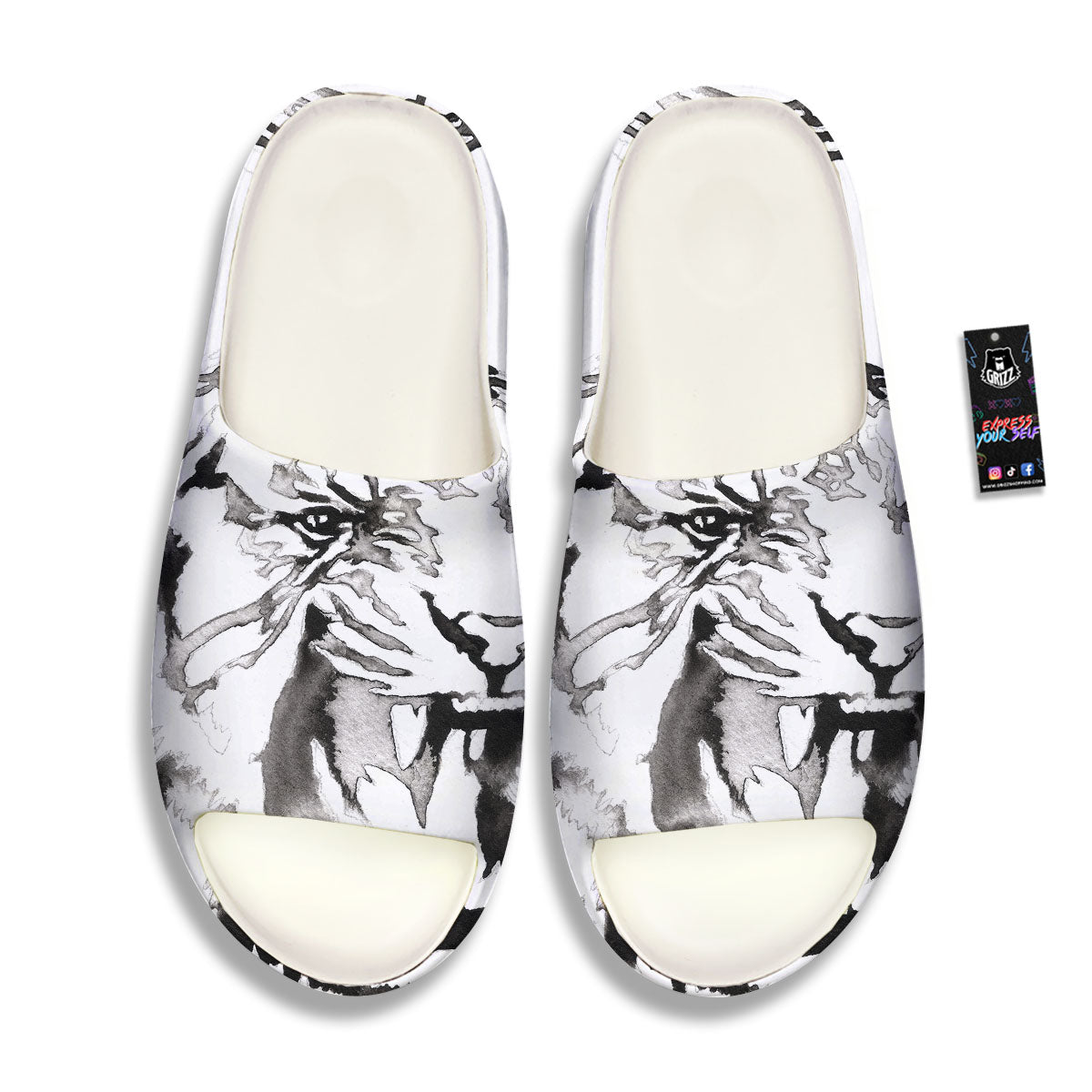 White Tiger Watercolor Monochrome Print Sandals-grizzshop