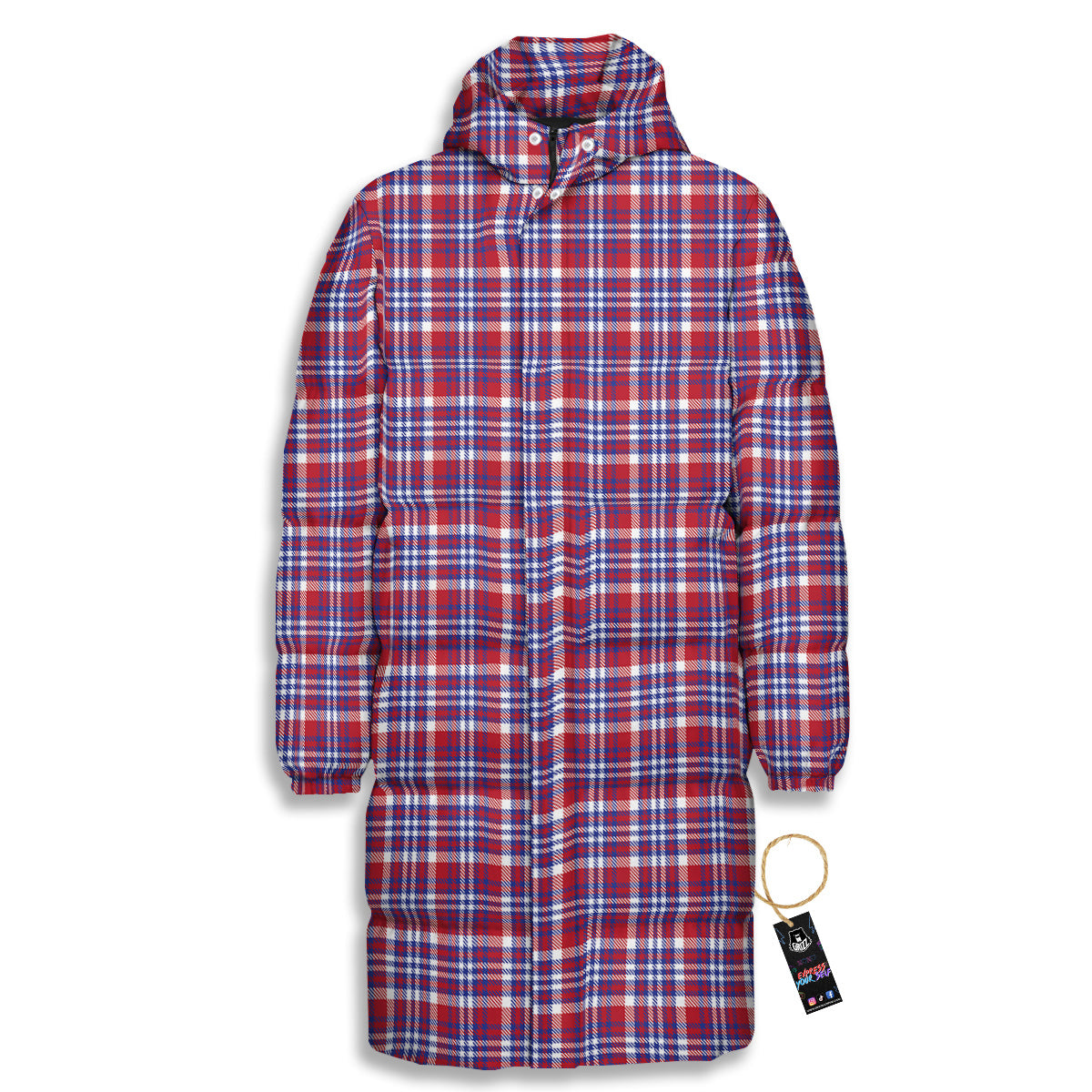 White USA Plaid And Blue Red Print Long Down Jacket