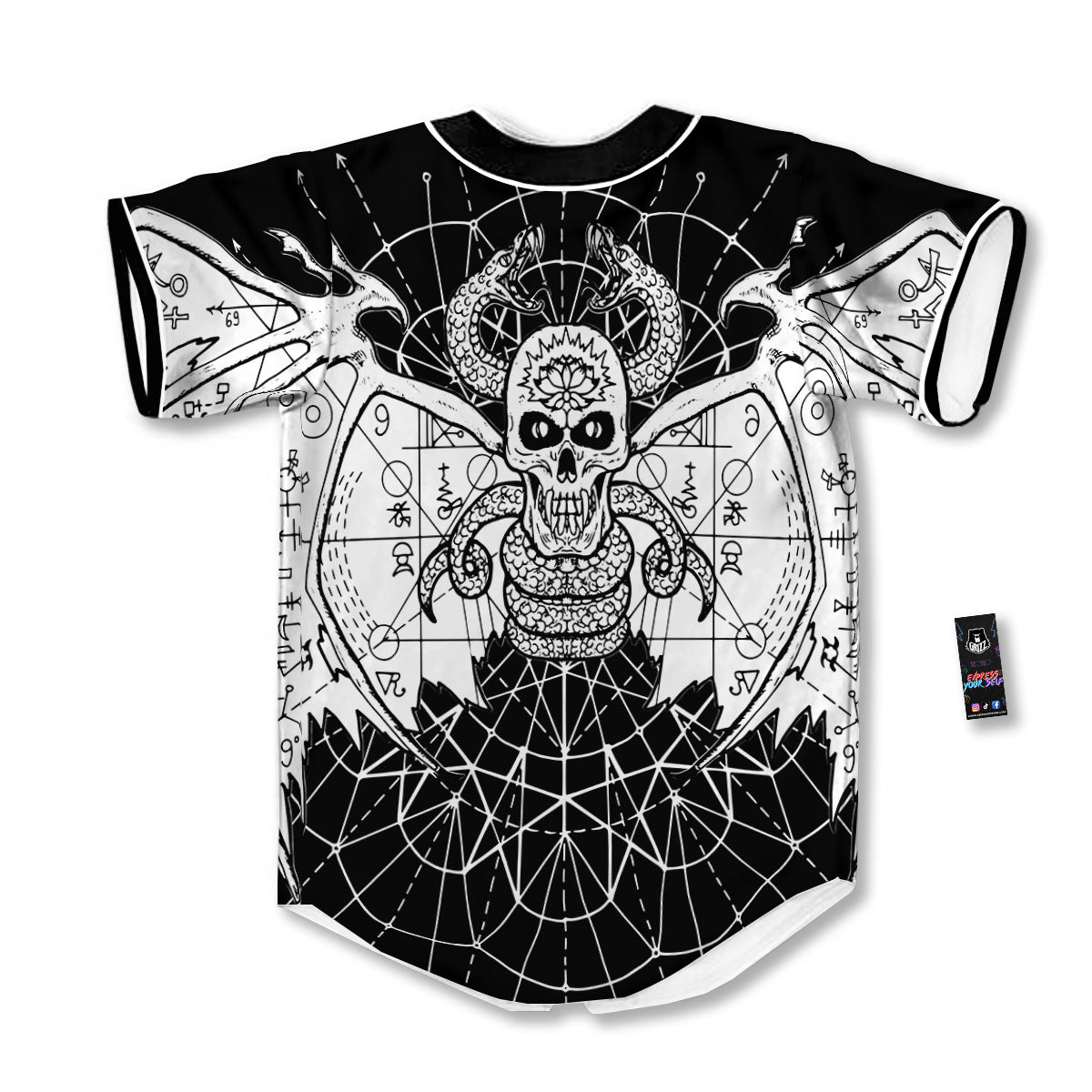 Wicca Devil Skull White And Black Print Baseball Jersey-grizzshop