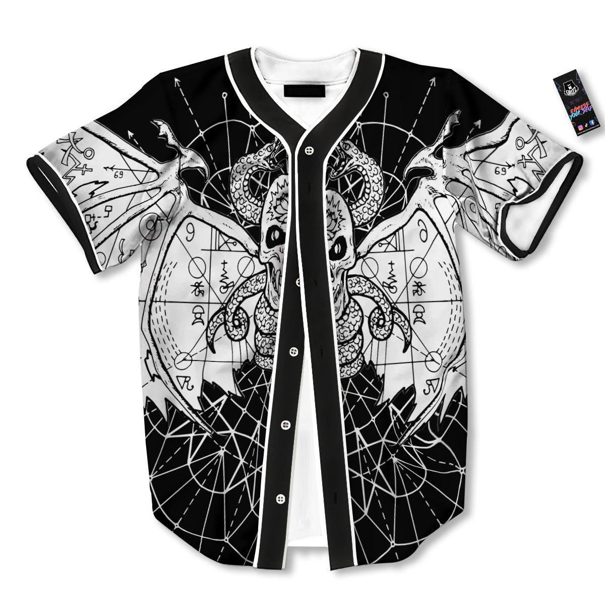Wicca Devil Skull White And Black Print Baseball Jersey-grizzshop