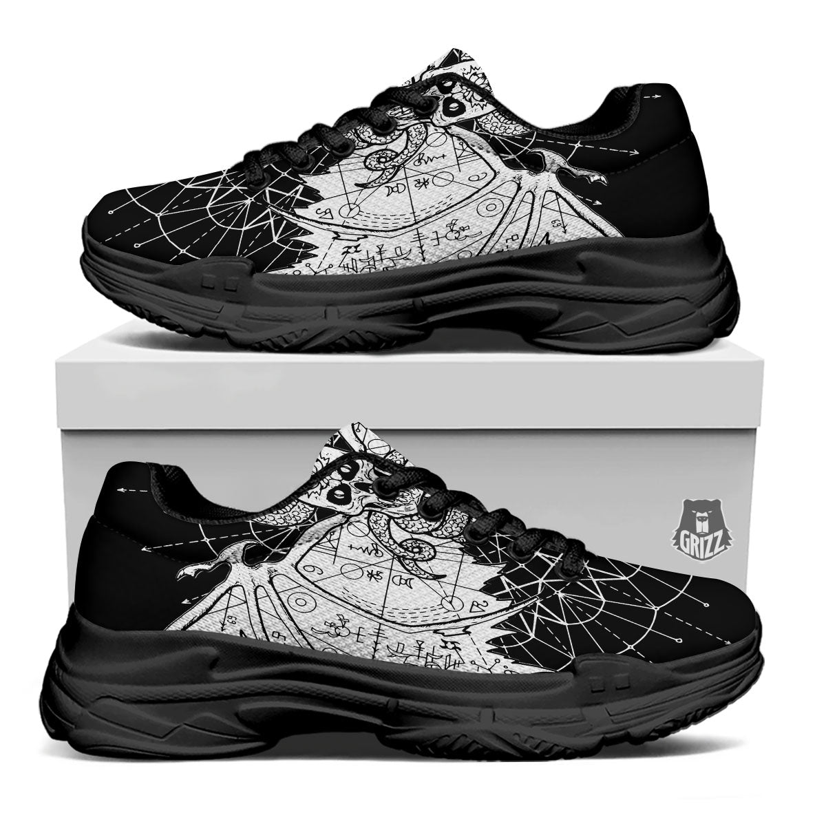 Wicca Devil Skull White And Black Print Black Chunky Shoes-grizzshop