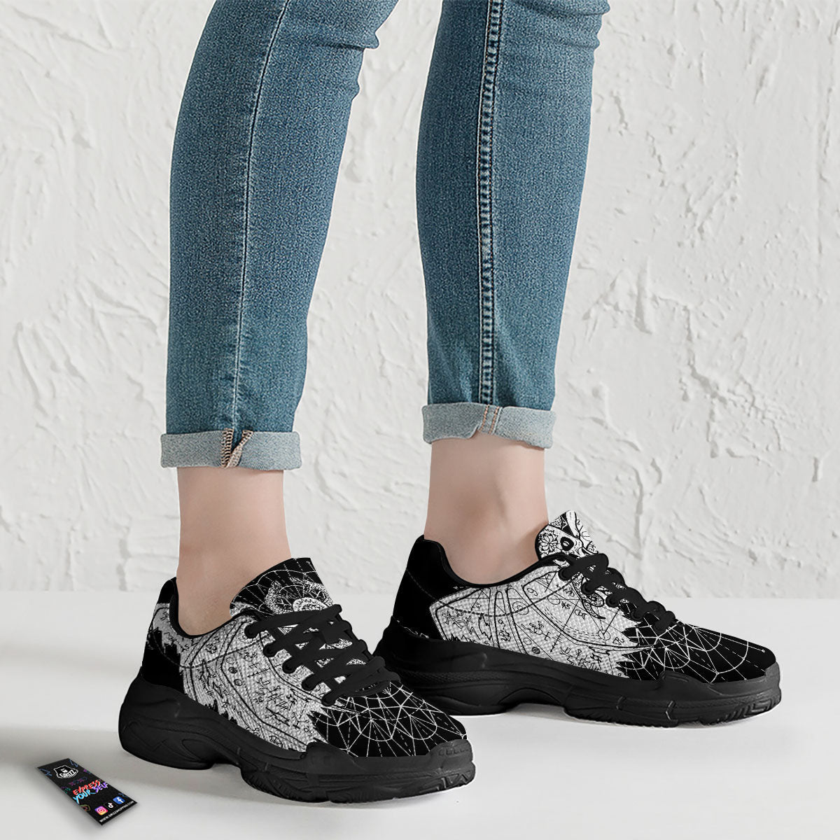 Wicca Devil Skull White And Black Print Black Chunky Shoes-grizzshop