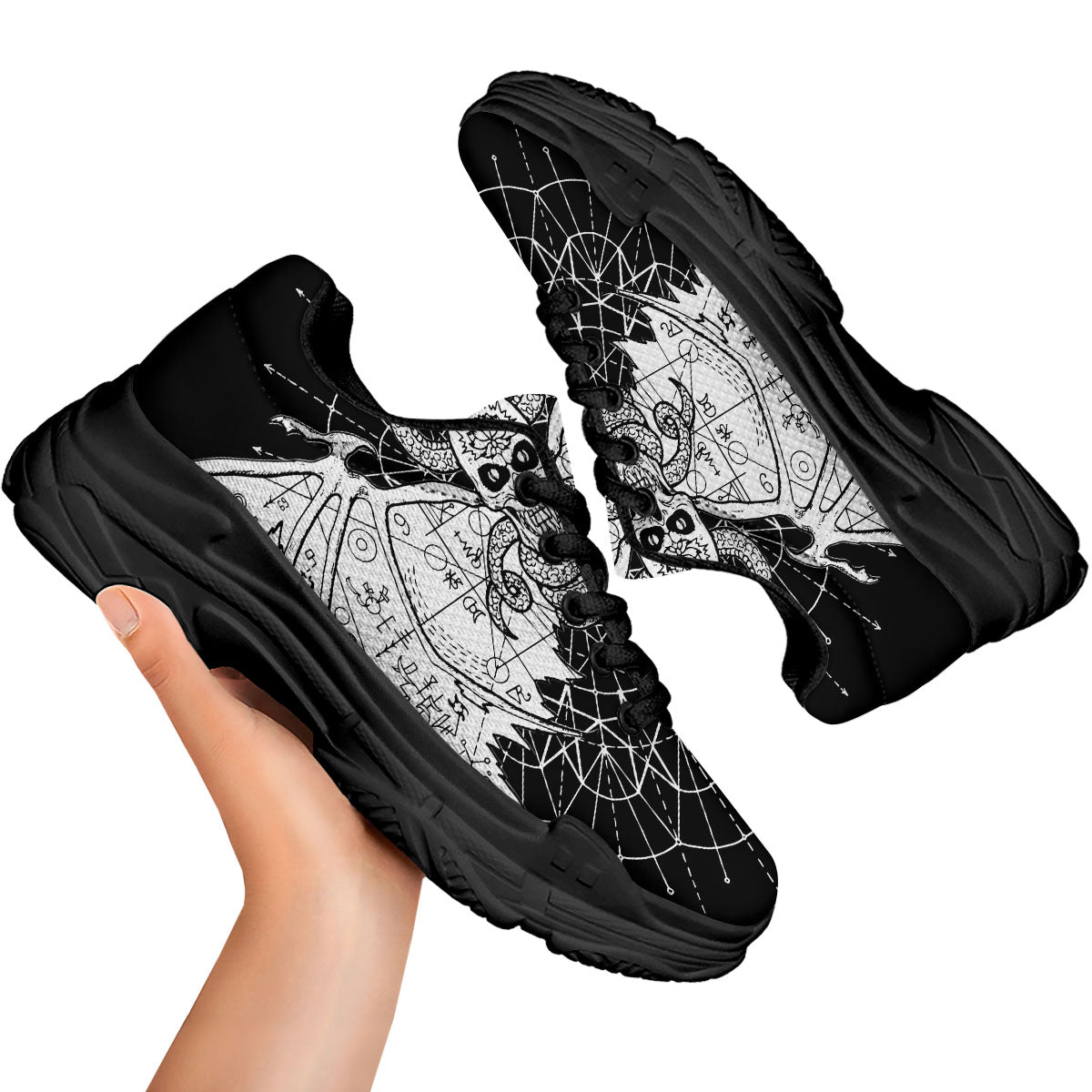 Wicca Devil Skull White And Black Print Black Chunky Shoes-grizzshop