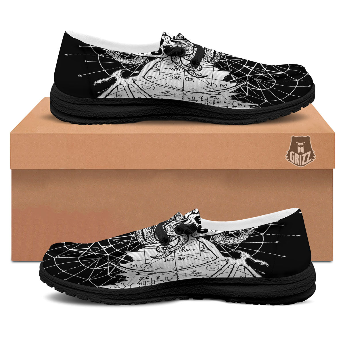Wicca Devil Skull White And Black Print Black Loafers-grizzshop