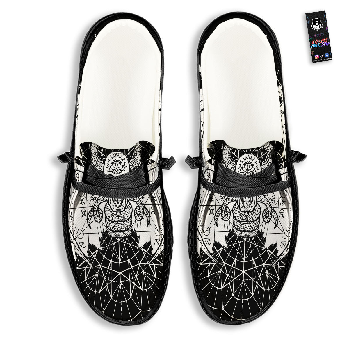 Wicca Devil Skull White And Black Print Black Loafers-grizzshop