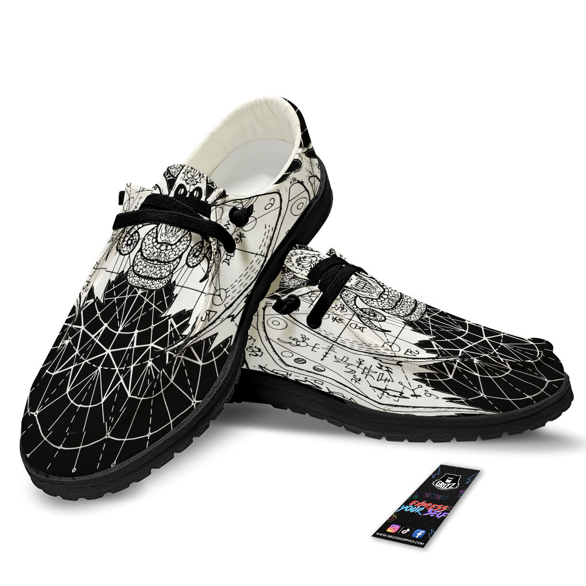 Wicca Devil Skull White And Black Print Black Loafers-grizzshop