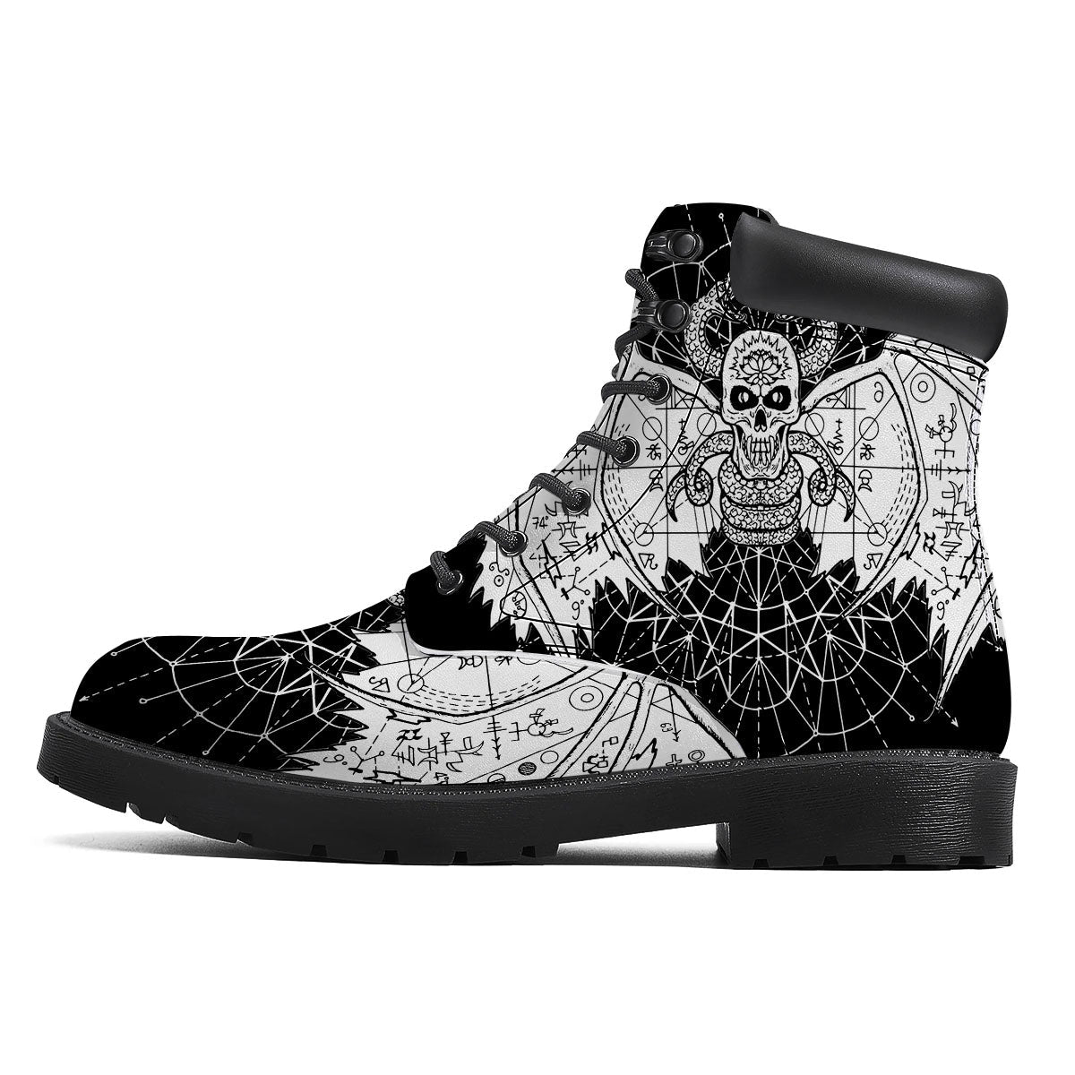 Wicca Devil Skull White And Black Print Boots-grizzshop