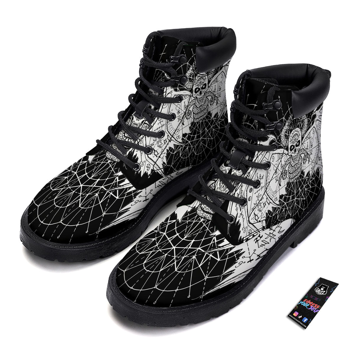Wicca Devil Skull White And Black Print Boots-grizzshop