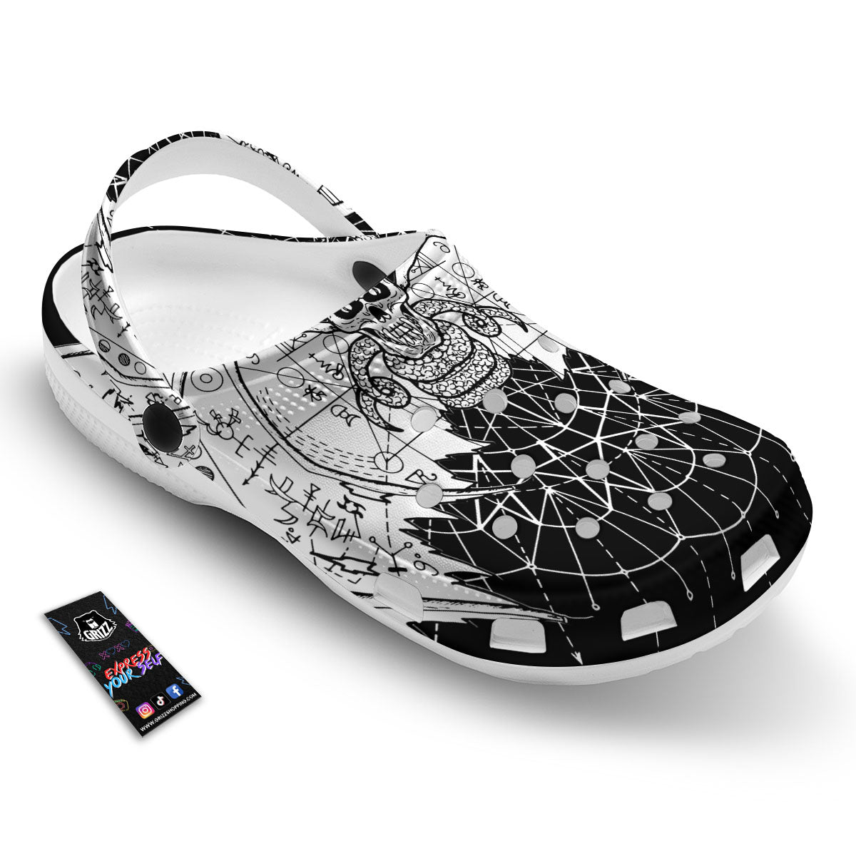 Wicca Devil Skull White And Black Print Clog-grizzshop