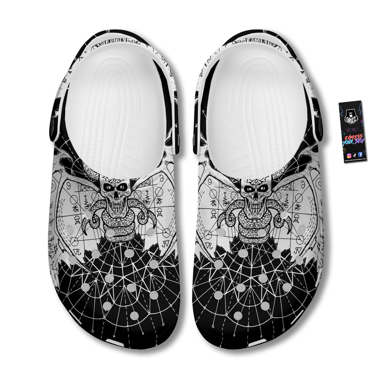 Wicca Devil Skull White And Black Print Clog-grizzshop