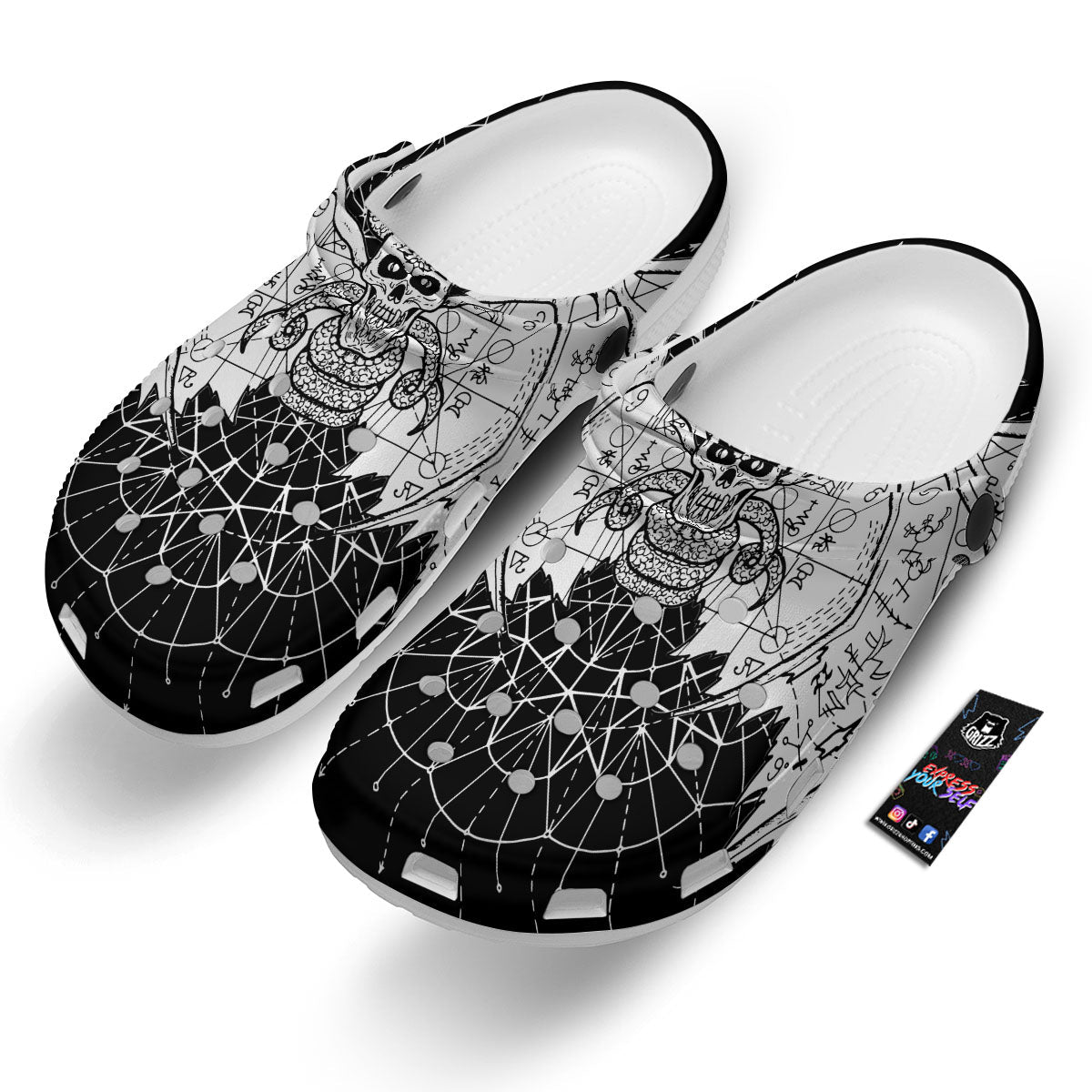 Wicca Devil Skull White And Black Print Clog-grizzshop
