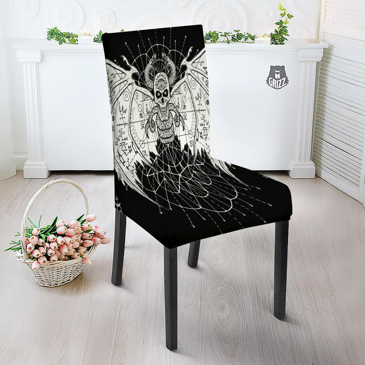 Wicca Devil Skull White And Black Print Dining Chair Slipcover-grizzshop