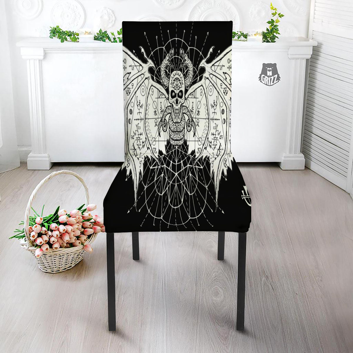Wicca Devil Skull White And Black Print Dining Chair Slipcover-grizzshop