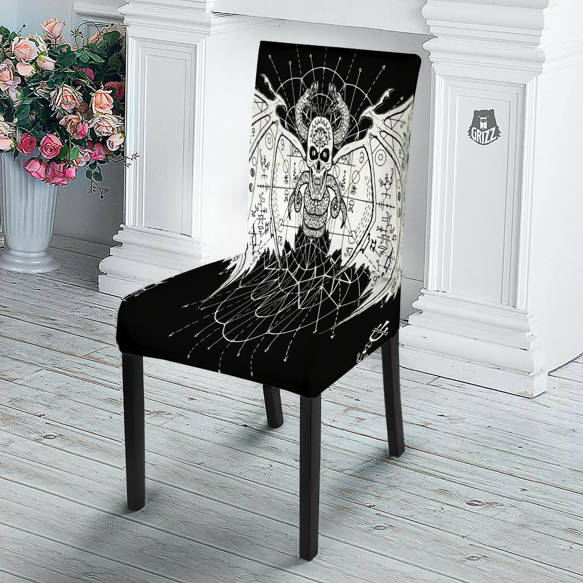 Wicca Devil Skull White And Black Print Dining Chair Slipcover-grizzshop