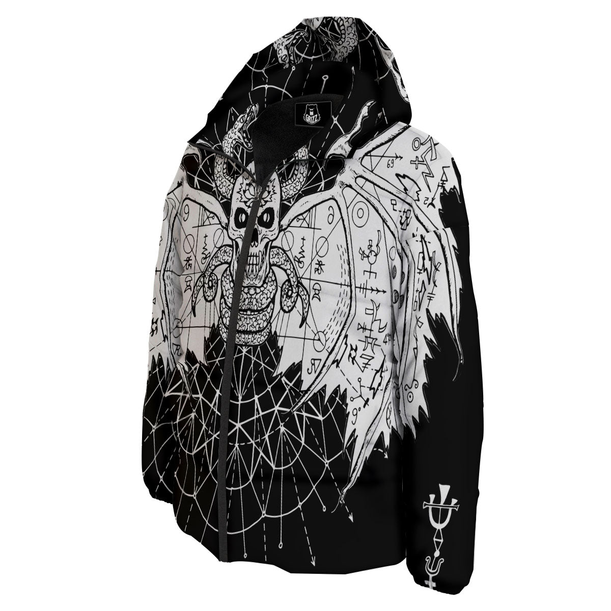 Wicca Devil Skull White And Black Print Down Jacket-grizzshop