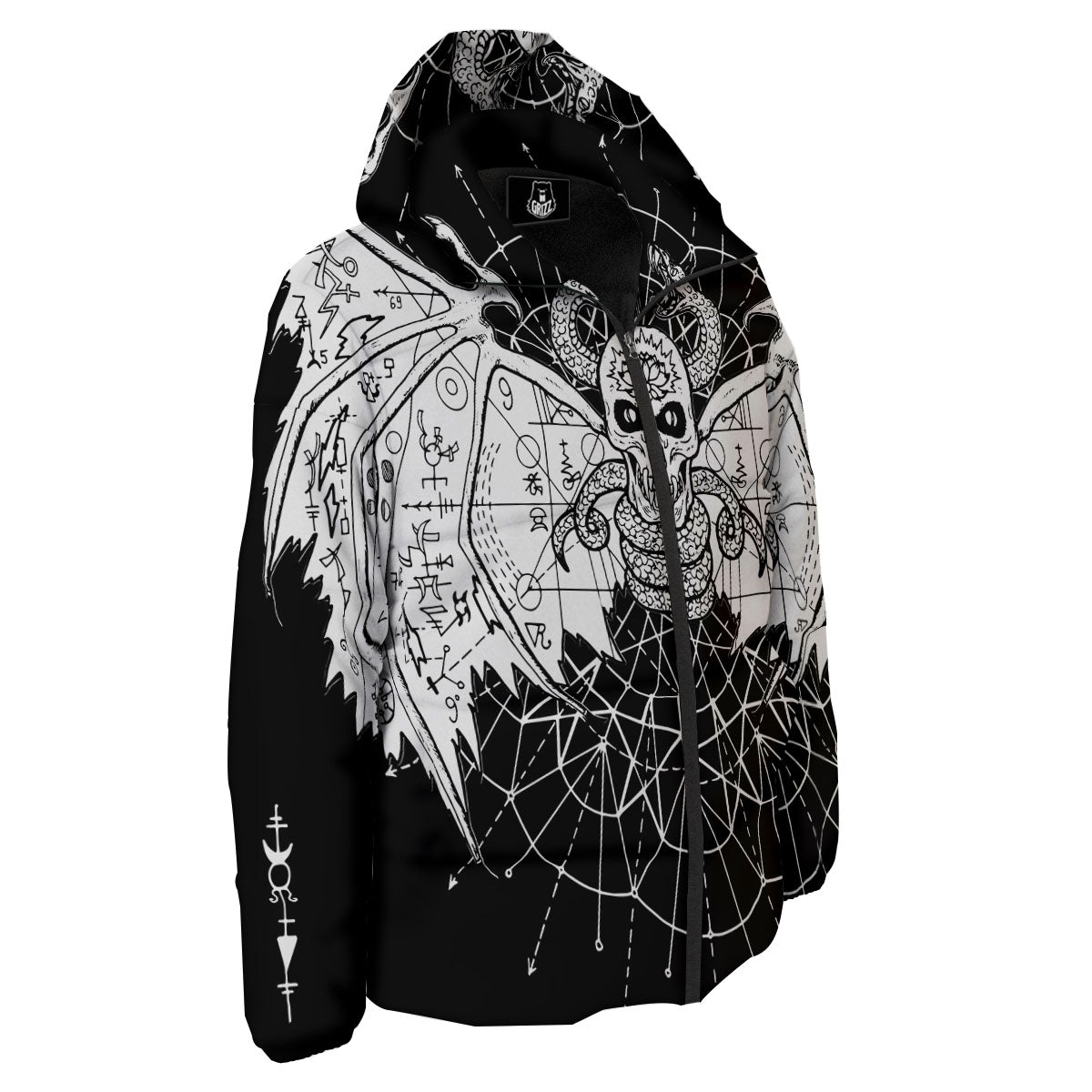 Wicca Devil Skull White And Black Print Down Jacket-grizzshop