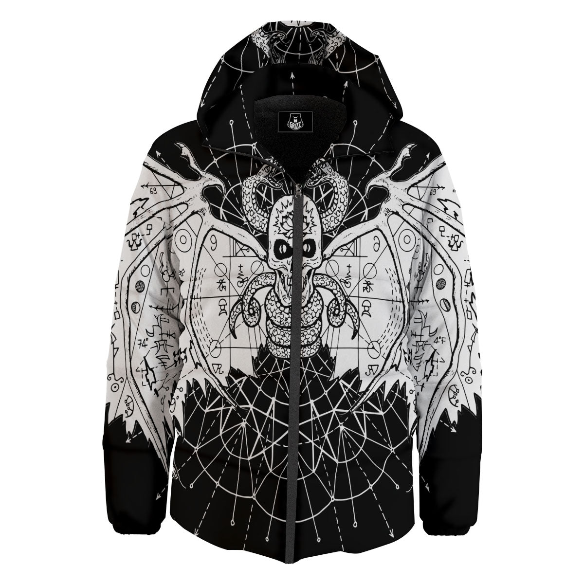 Wicca Devil Skull White And Black Print Down Jacket-grizzshop