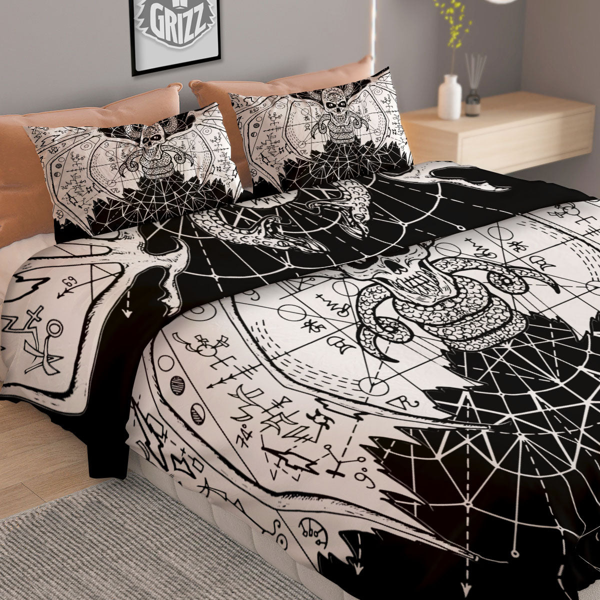 Wicca Devil Skull White And Black Print Duvet Cover Bedding Set